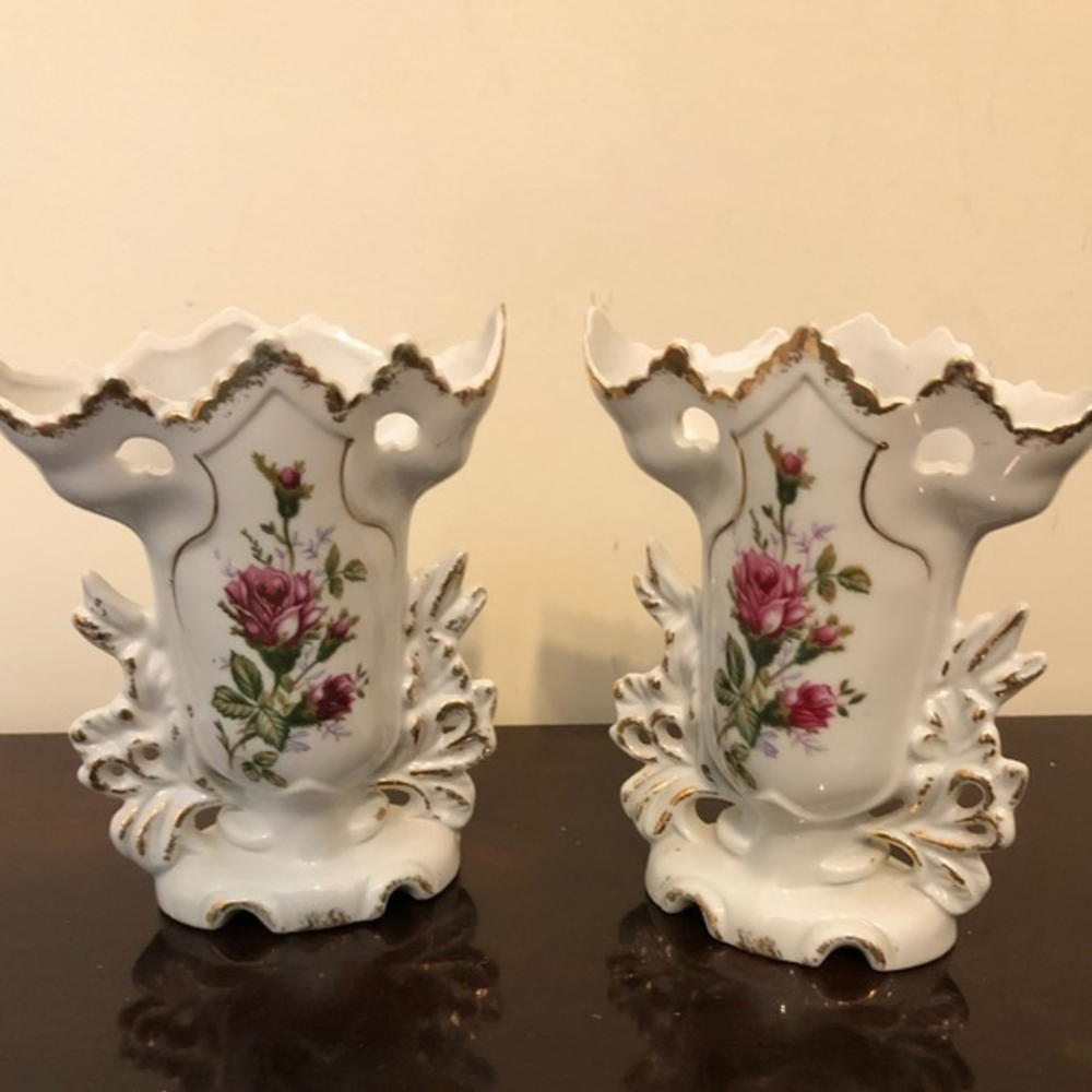 Antique Vintage Pink Rose‎ Print Pair of Vases